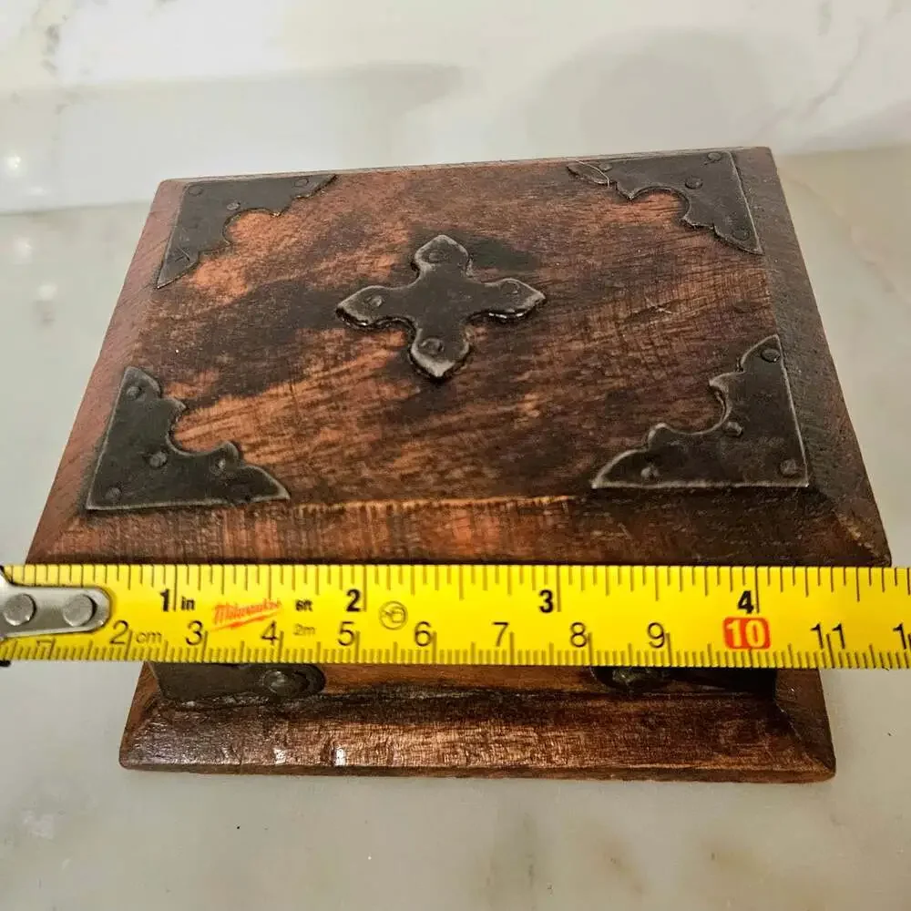 Handcrafted Rustic Wooden Trinket Box with Decorative Metal Accents